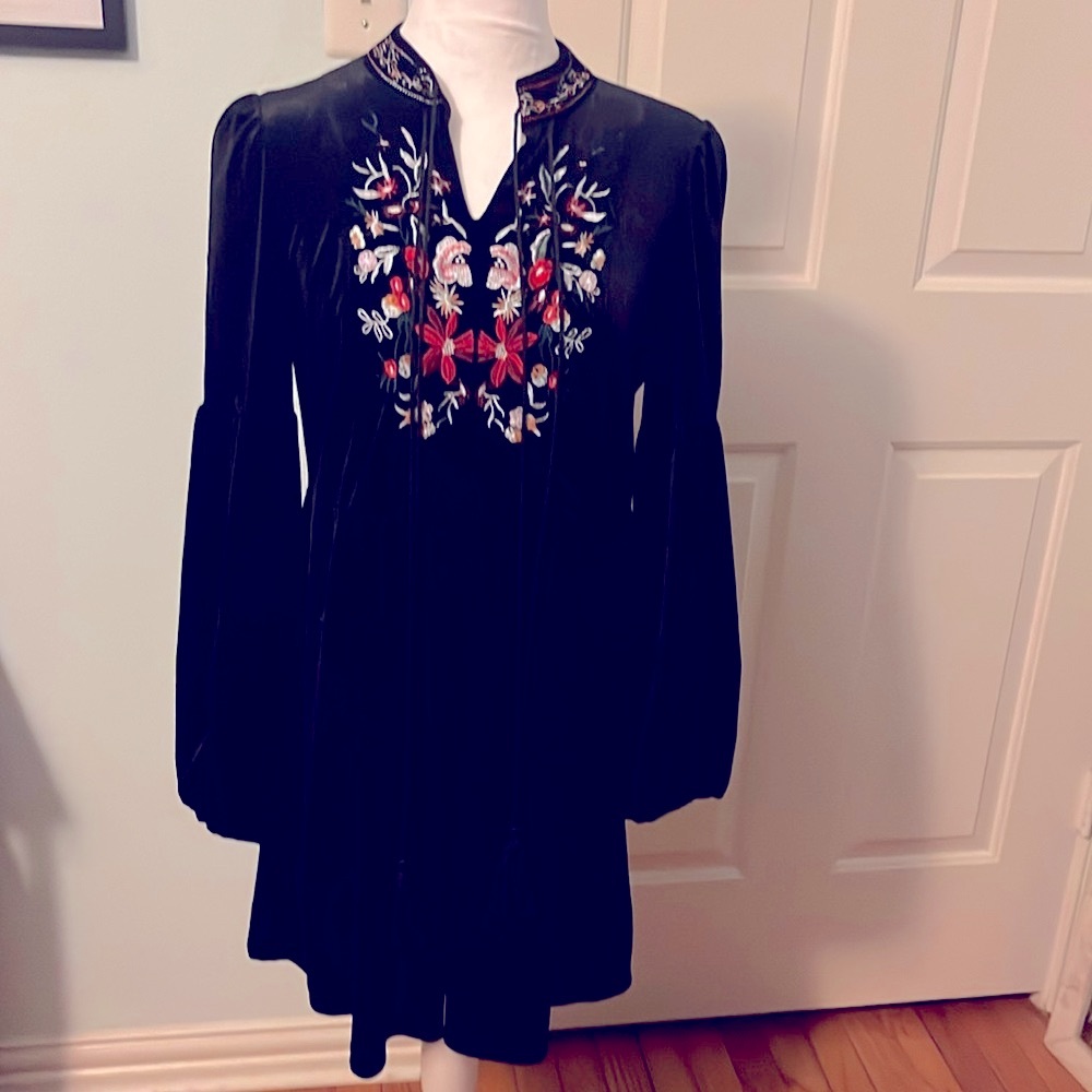 Embroidered Black Velvet Peasant Blouse